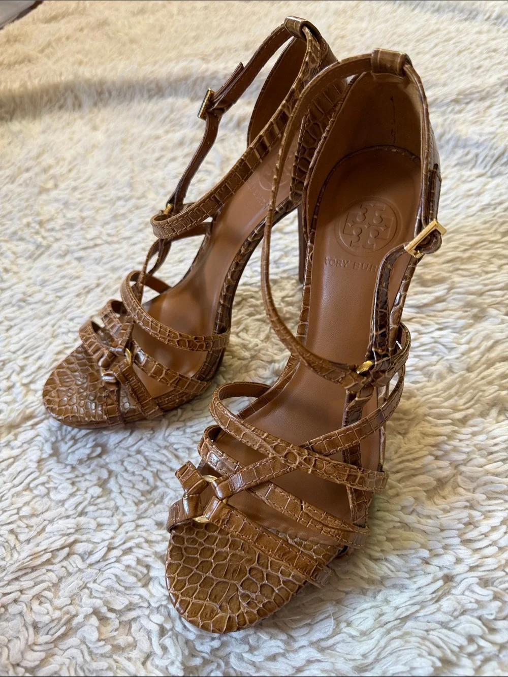 Tory Burch Cognac Croc-Embossed Strappy Heels size 8M